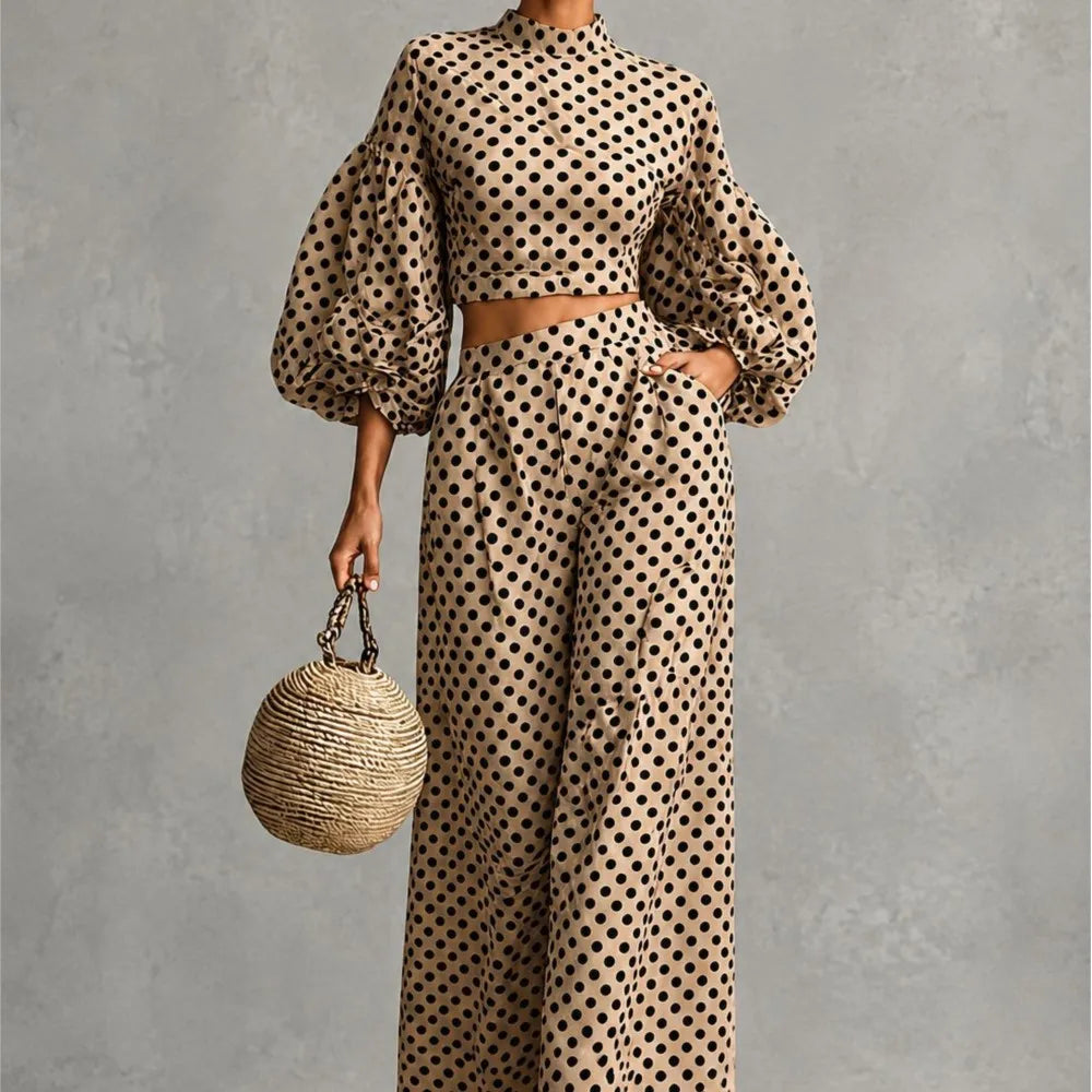Two-Piece Polka Dot Trousers Suit – Wide-Leg – Synthetic Fiber | KIMLUD