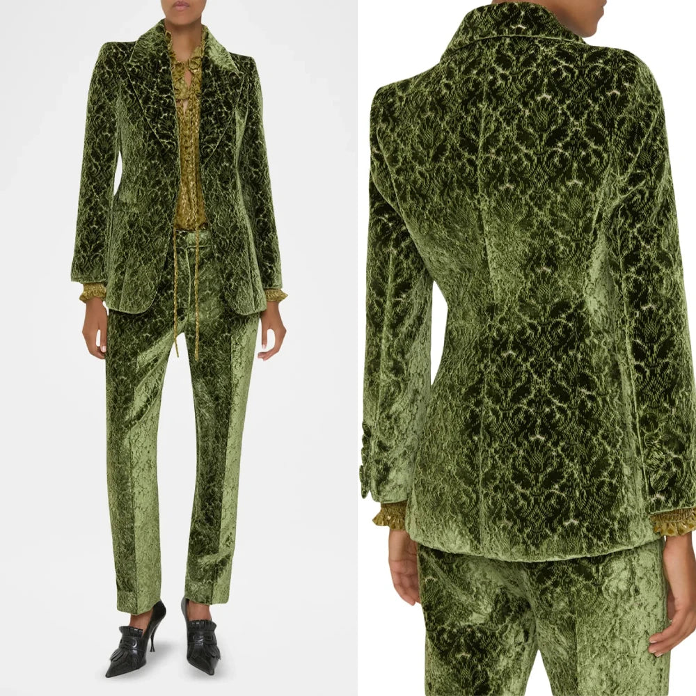 Velvet Two-Piece Pleated Blazer Set — Green | KIMLUD