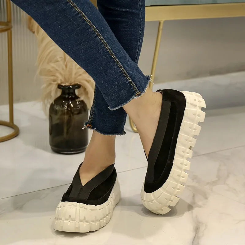 Birkuir Original Genuine Leather Flat Platform Shoes For Women Loafers Shoes Slip On Red Luxury Thick Heel Ladies Platform Shoes