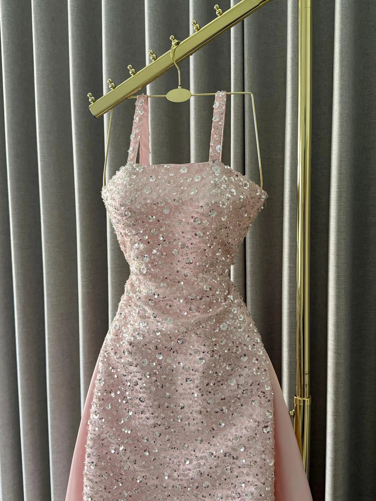 Evening Dress - Spaghetti Strap Beaded Sequins - Pink Satin Train | KIMLUD