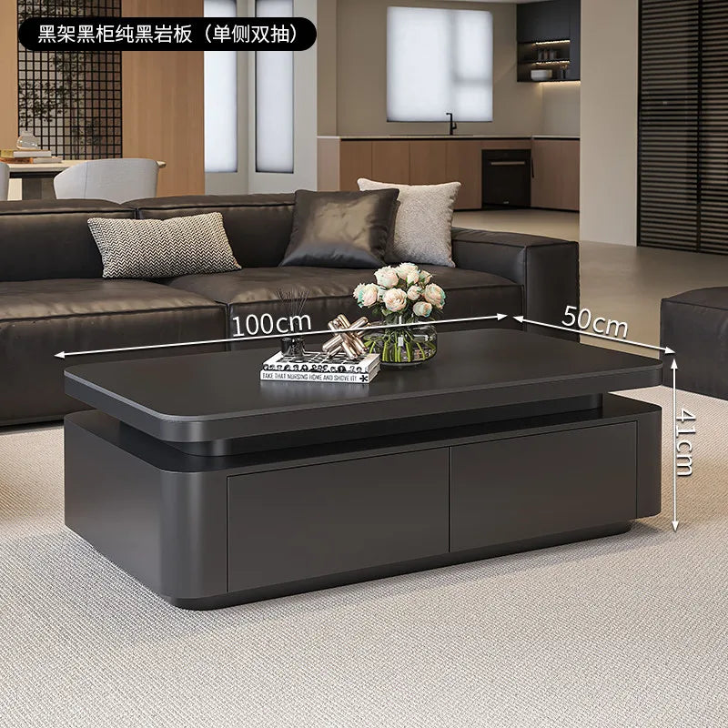 Minimalist Rock Slab Storage Coffee Table — Deep Graphite Black | KIMLUD