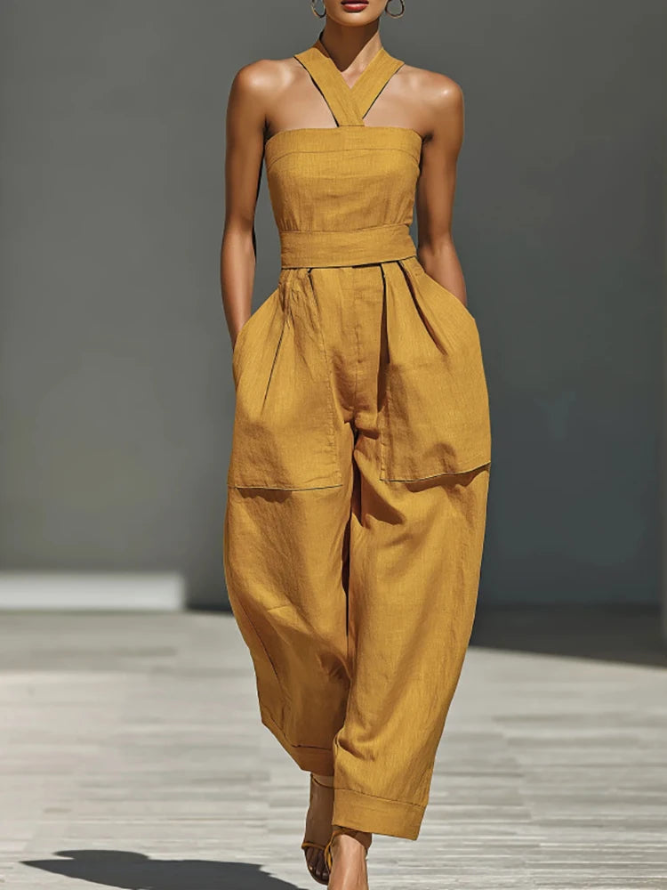 Hollow Patchwork Chic Halter Jumpsuit — Black | KIMLUD