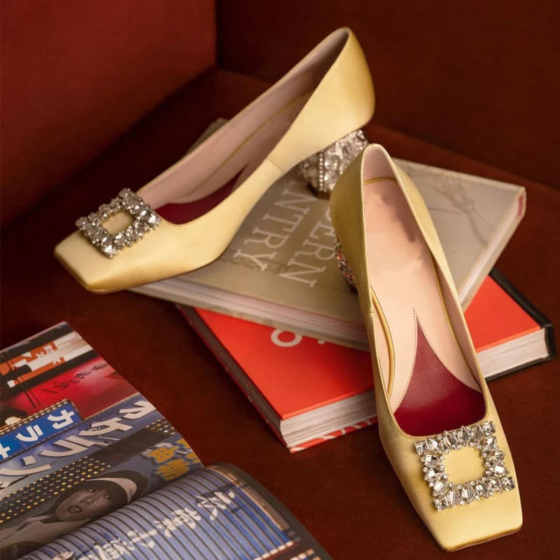 Satin Rhinestone High Heels Square Toe — Champagne | KIMLUD