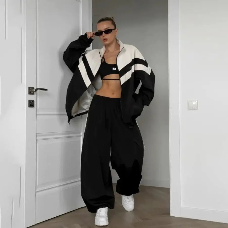 Patchwork Trench Set Two-Piece — Black And White | KIMLUD