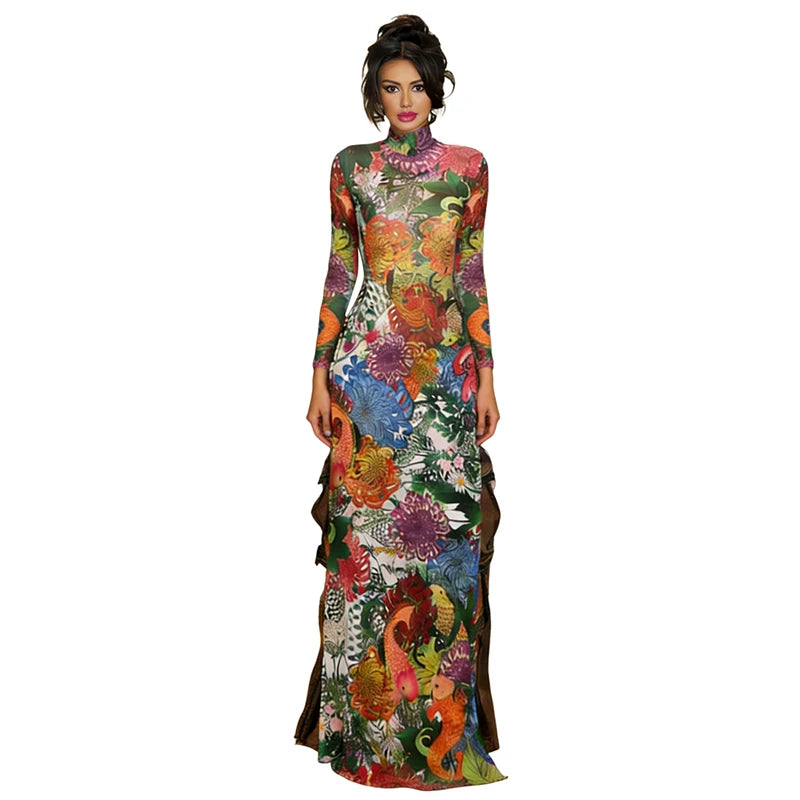Polyester T Shirt Floral Print Long Sleeve High Collar — Multicolor | KIMLUD