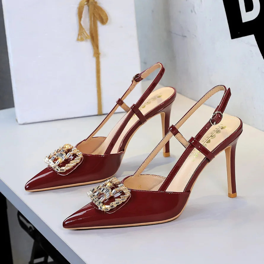 Rhinestone Buckle High Heel Sandals Thin Heel — Silver | KIMLUD