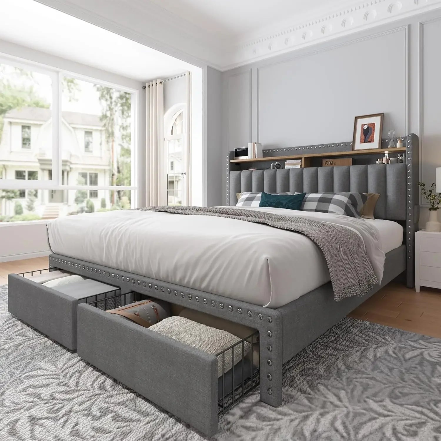 KIMLUD, King Size Bed Frame with Storage and Headboard, Upholstered Kings Beds Frames with Storage, King Bed Frame with 2 Drawers, Grey / King / United States, KIMLUD APPAREL - Womens Clothes