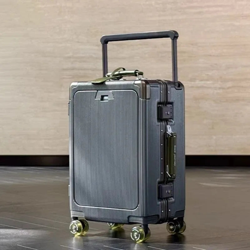 Front Opening Pocket Rolling Luggage Aluminum Frame Wide Handle Trolley Suitcase with Colorful Silent Wheels & USB Charging Plug