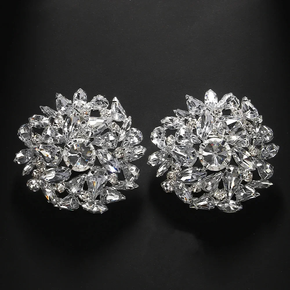 Round Geometric Rhinestone Clip Earrings Wedding Bling — Gold | KIMLUD