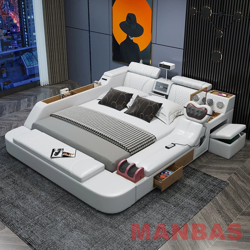 Genuine Leather Bed With Projector USB Speaker — White | KIMLUD