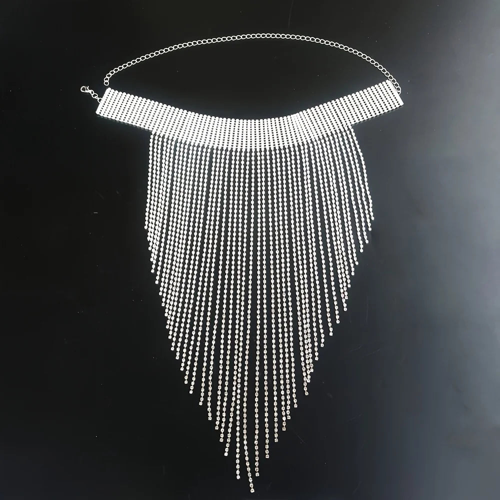 Sparkly Long Tassel Crystal Chain Necklaces Bib Choker — Clear | KIMLUD