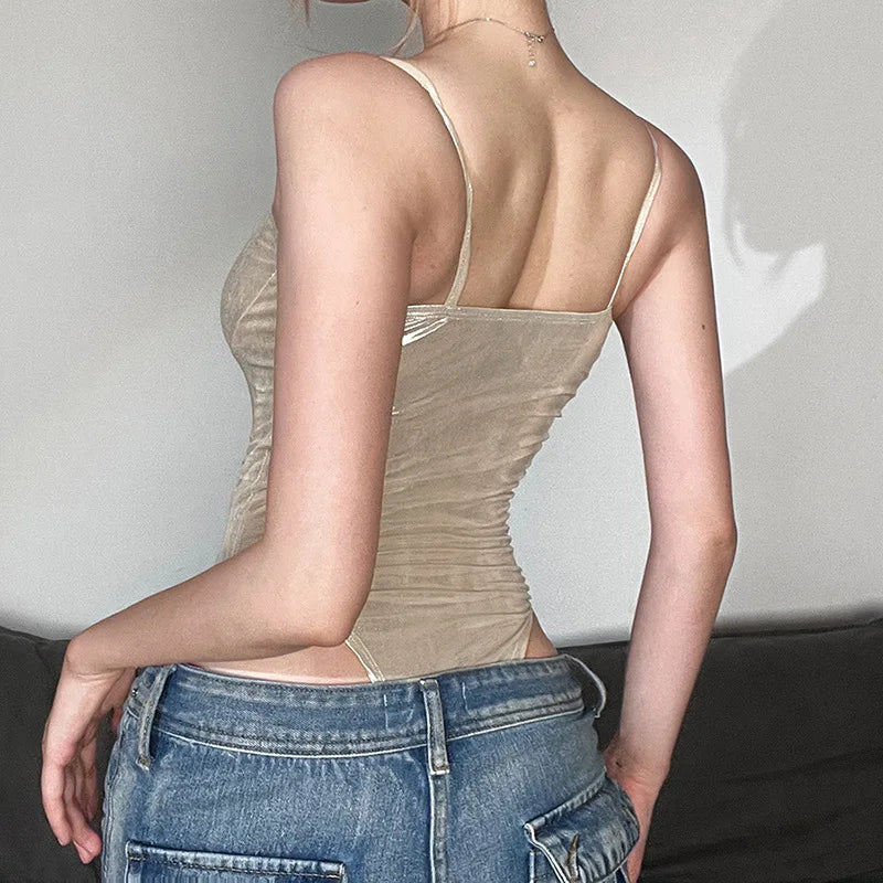 Polyester Elastane Bodysuit Lace-Up Sleeveless Slim Fit — Black | KIMLUD