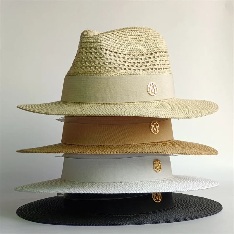 Straw Pearl Chain Flat Top Sun Hat — Beige | KIMLUD