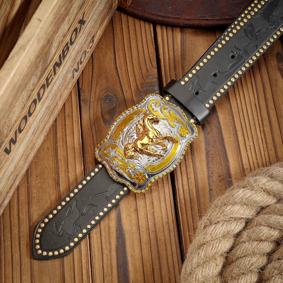 PU Western-Style Belt Perforated Strap — Black | KIMLUD