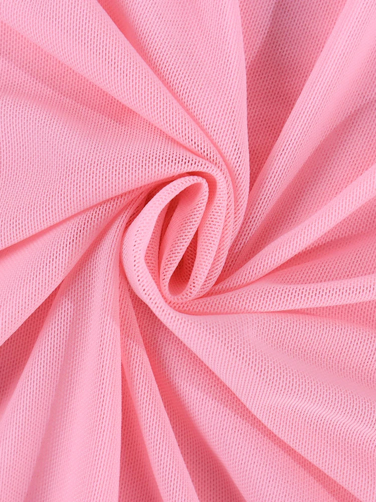 Mesh Halter Dress Flounce Sleeves Backless Bandage Bodice Mini Dress For Nightlife — Pink | KIMLUD
