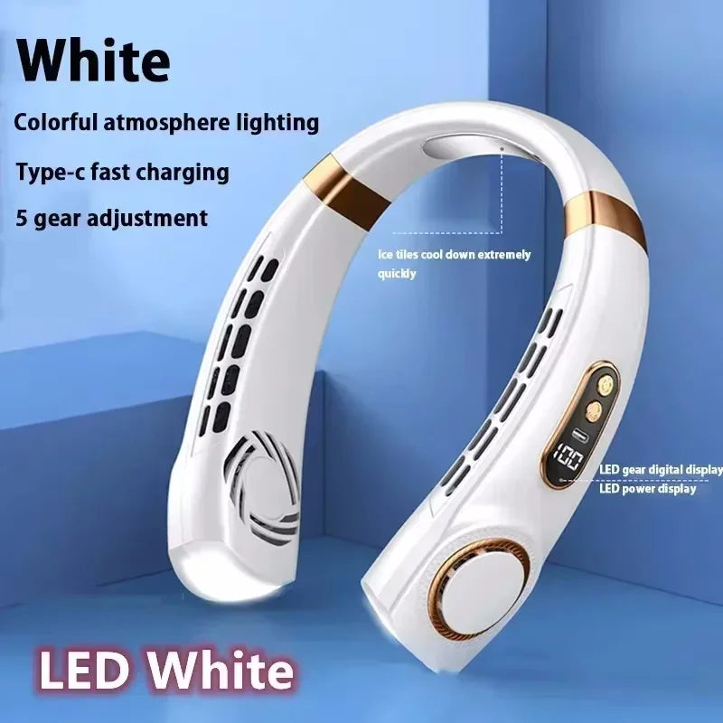 Bladeless Hanging Neck Fan USB Rechargeable 8000mAh LED Display — White | KIMLUD