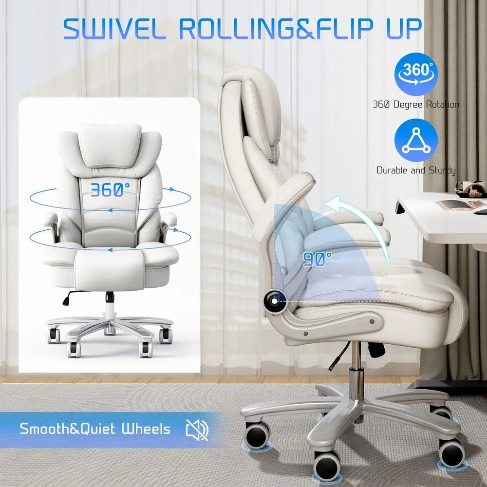 Ergonomic Leather Executive Chair with Wide Seat for 400lb Capacity, High Back and Flip-Up Arms, White