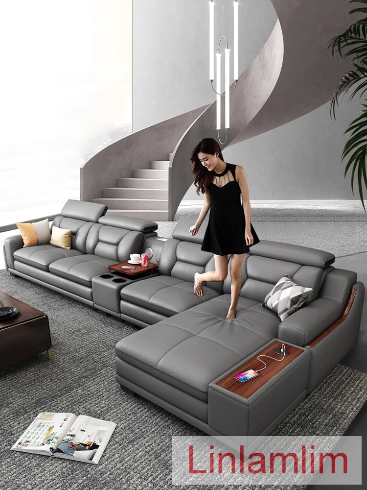 Italian Genuine Leather Sofa Featuring Bluetooth Speaker — Slate Gray | KIMLUD