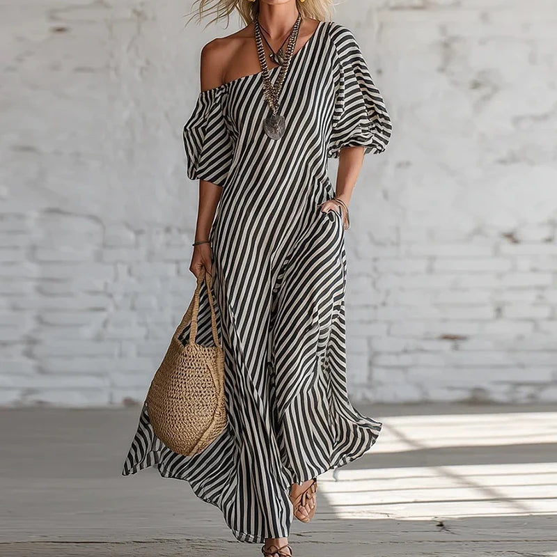 Polyester Patchwork Striped Maxi Dress — Black | KIMLUD