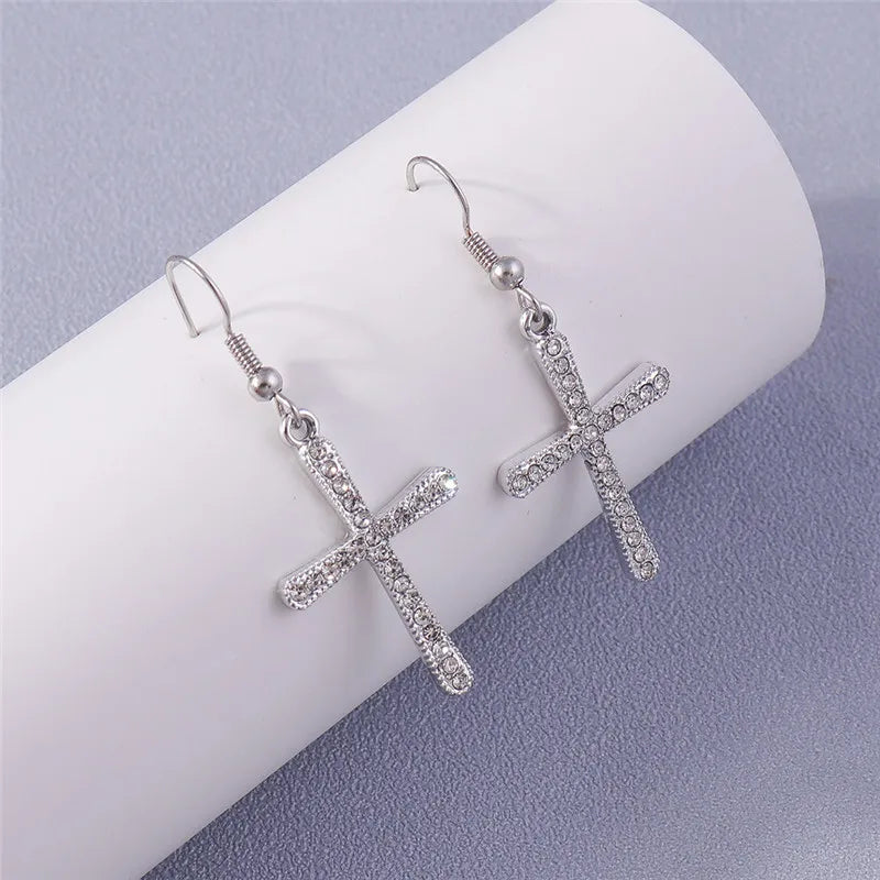 Silver-Tone Cross Earrings Zircon Crystal Dangle — Silver | KIMLUD