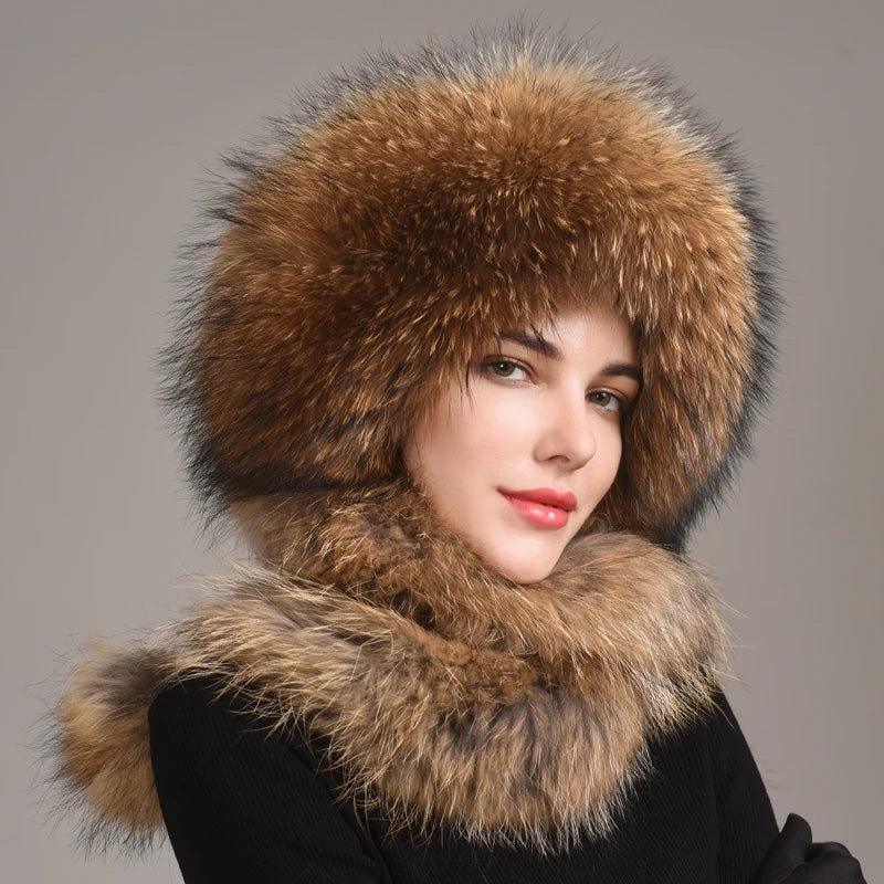 Real Fox Fur Hat With Rabbit Fur Top — Black | KIMLUD
