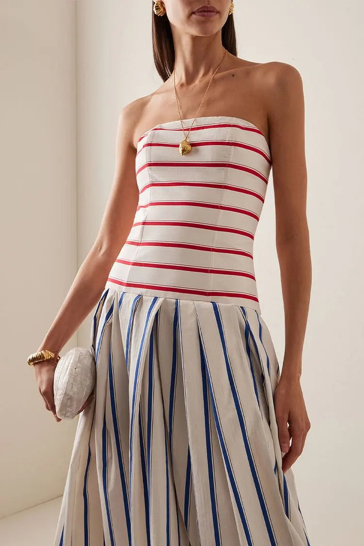 Bandeau Maxi Dress Striped Print Sundress — White | KIMLUD