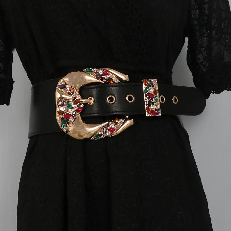 Belt – Rhinestone Zircon Metal Design – PU Belt – Solid | KIMLUD
