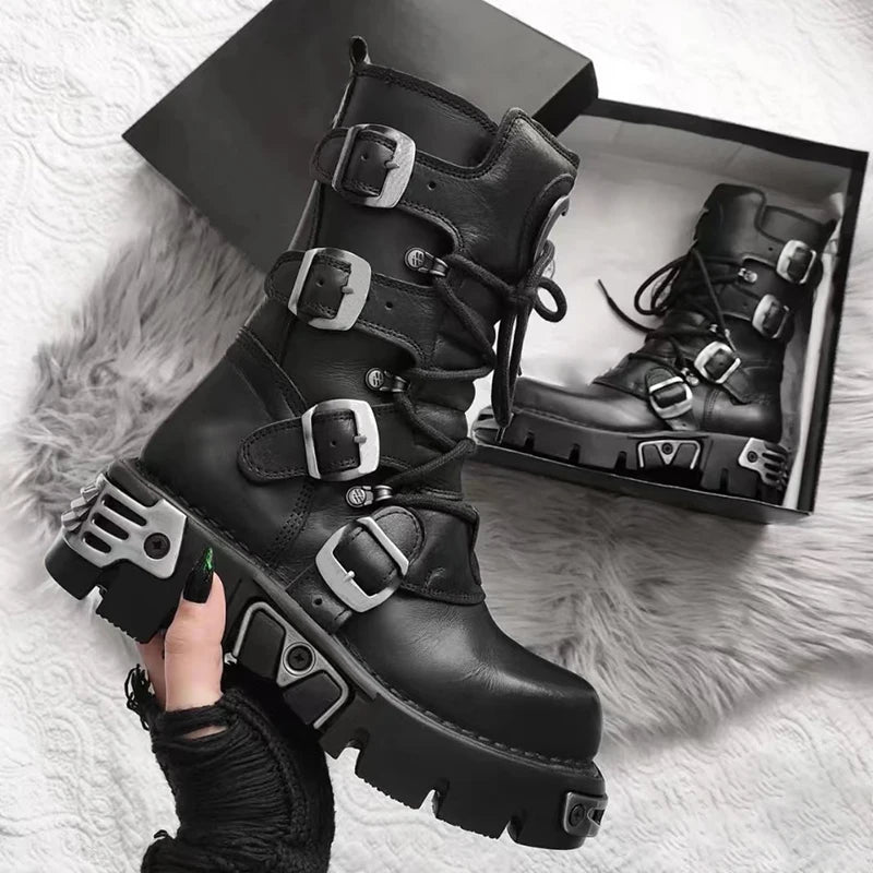 Genuine Leather Motorcycle Boots Goth Skull Embellishment With Metal Hardware — Black | KIMLUD