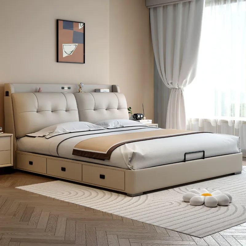 Minimalist Upholstered Bed Frame With Storage — Cream Beige | KIMLUD