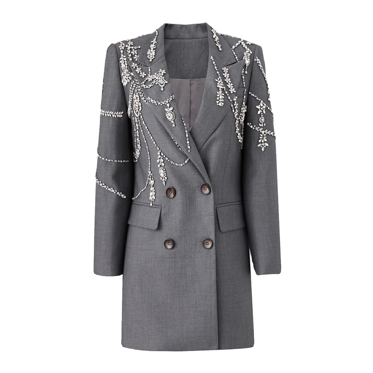 KIMLUD, Gray Blazer Handmade Crystal Inlaid Diamond Long Blazer Dress Jacket Double Breasted Button Blazer Suit Outfit Women, gray jacket / S, KIMLUD Women's Clothes