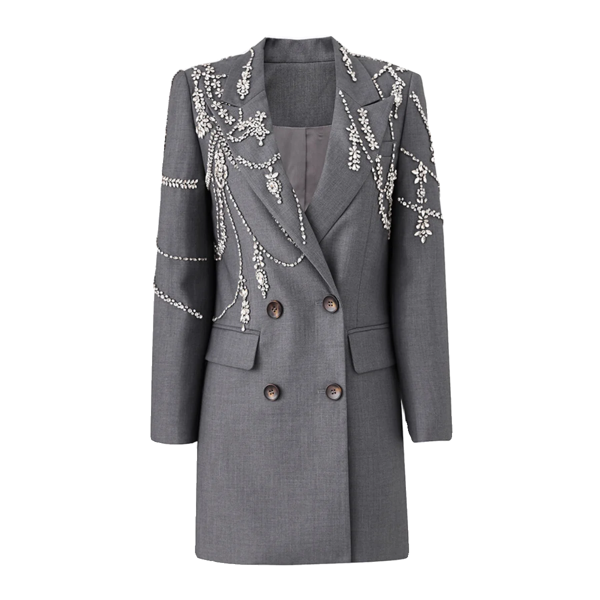 Gray Blazer Handmade Crystal Inlaid Diamond Long Blazer Dress Jacket Double Breasted Button Blazer Suit Outfit Women - KIMLUD