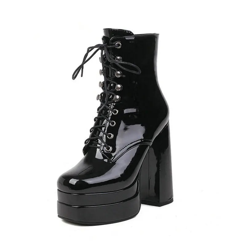 2022 Winter Women Ankle Boots Platform Square High Heel Ladies Ankle Boots Patent PU Leather Cross Tied Women's Shoes Big Size