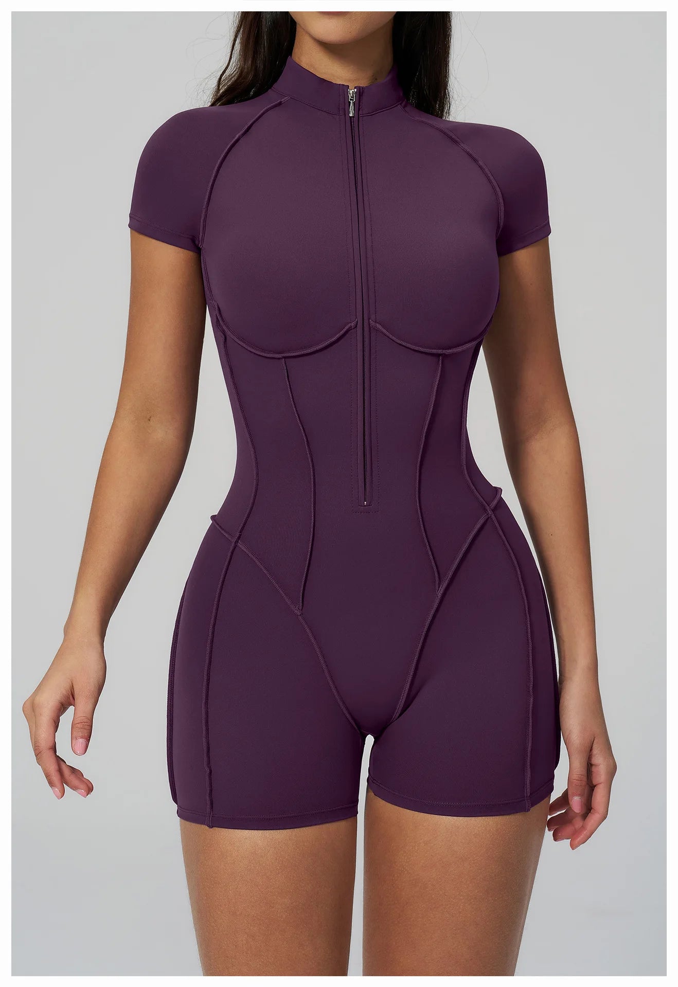 Performance Stretch Jersey Zippered Yoga Bodysuit Short Sleeves For Studio To Street — Red | KIMLUD