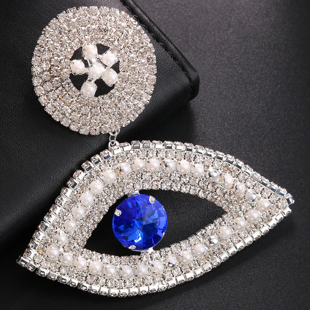 Exaggerated Eye Earrings Rhinestone Tassel — Blue | KIMLUD