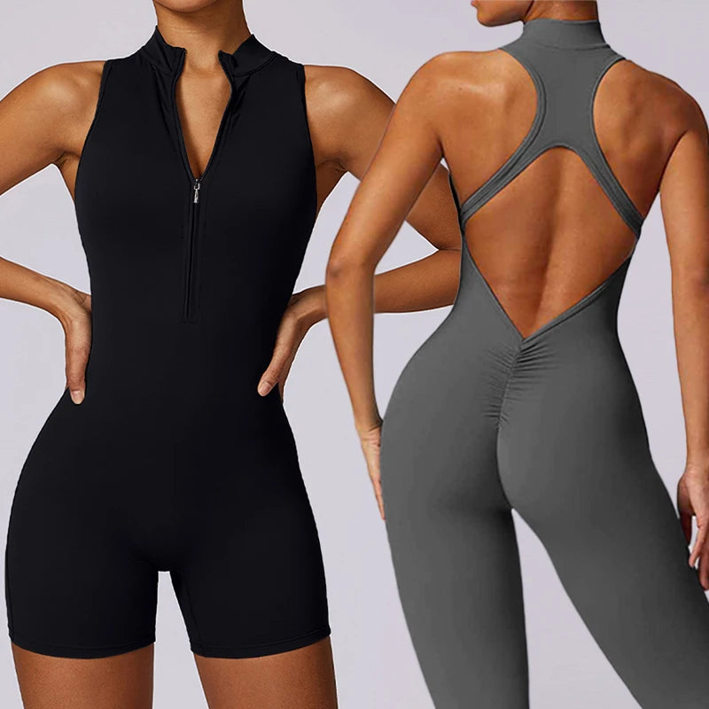 Nylon-Spandex Scrunch Gym Jumpsuit — Black | KIMLUD
