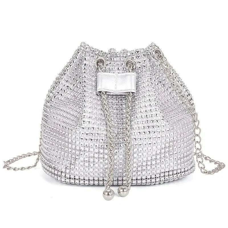 KIMLUD, Sparkling Rhinestone Embellished Drawstring Crossbody Bag, Multi-Functional Bucket Purse, Formal Handbag for Women Daily Commute, KIMLUD Womens Clothes