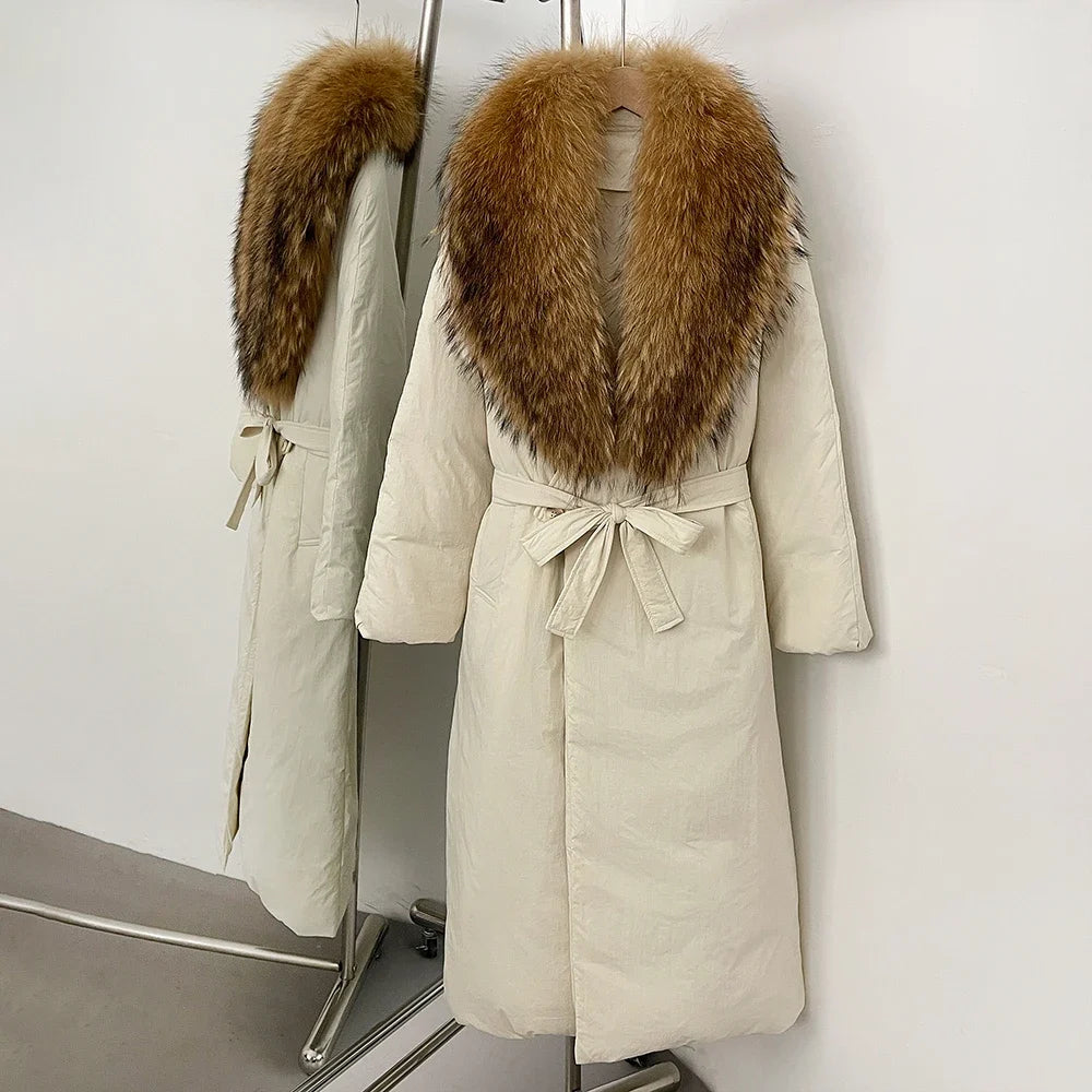 OFTBUY Long Puffer coat Real Fox Fur White Duck Down Coat New Winter Women Collar Fluffy  Jacket Female Thick Warm Reality Fur