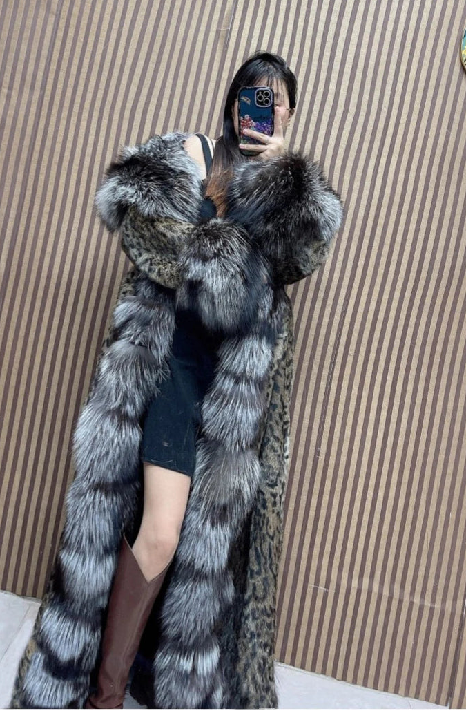 KIMLUD, 120cm Length Women's Genuine Rabbit Fur Coat Fox Fur Hooded Long Jacket Luxury Overcoats, KIMLUD Womens Clothes