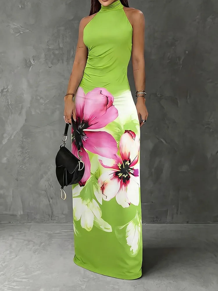 Halter Neck Maxi Dress - Floral Printed - Polyester | KIMLUD