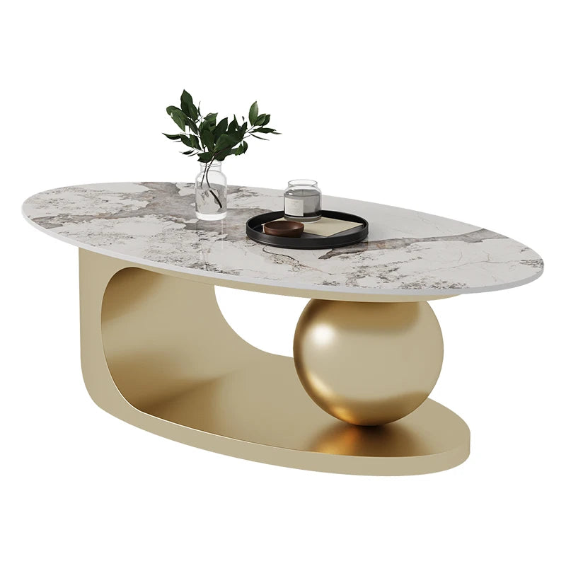 Nordic Designer Minimalist Coffee Table Oval Silhouette Rock Slab Top — Ivory White | KIMLUD