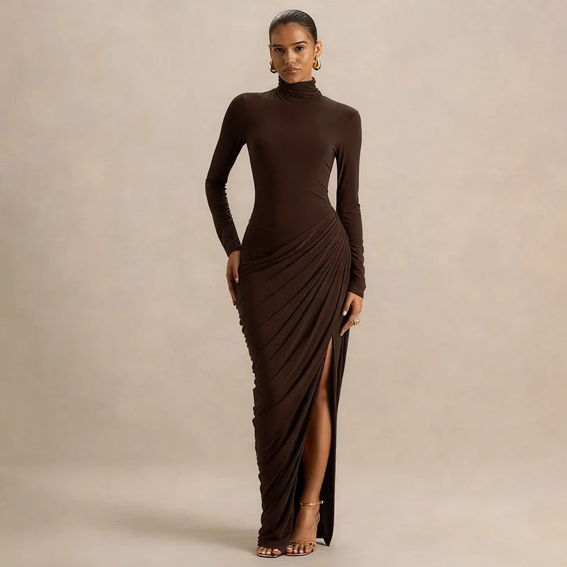 Thick Jersey Pleated Bodycon Dress — Brown | KIMLUD