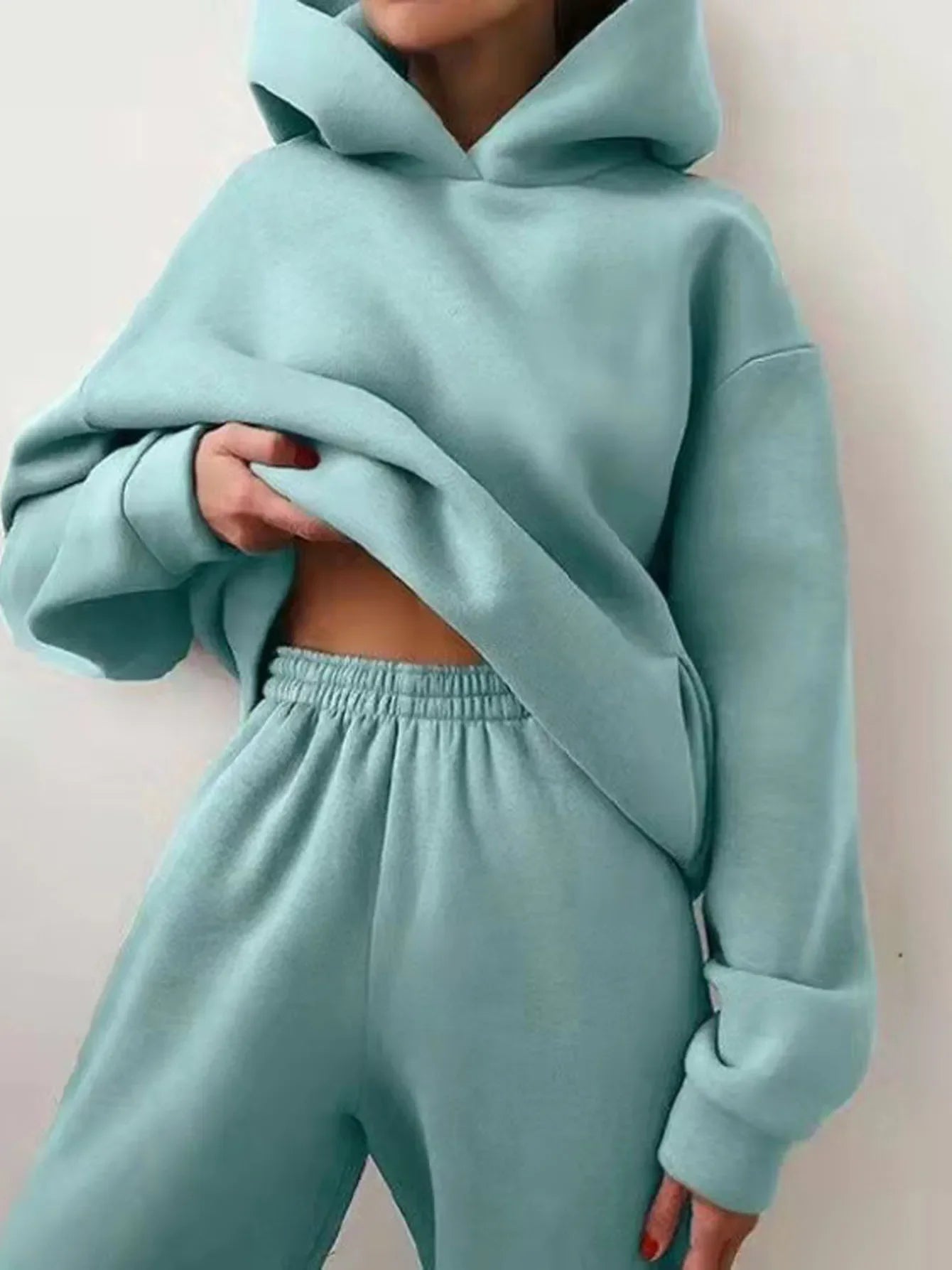 Fleece Tracksuit Two-Piece Hooded Set — Black | KIMLUD