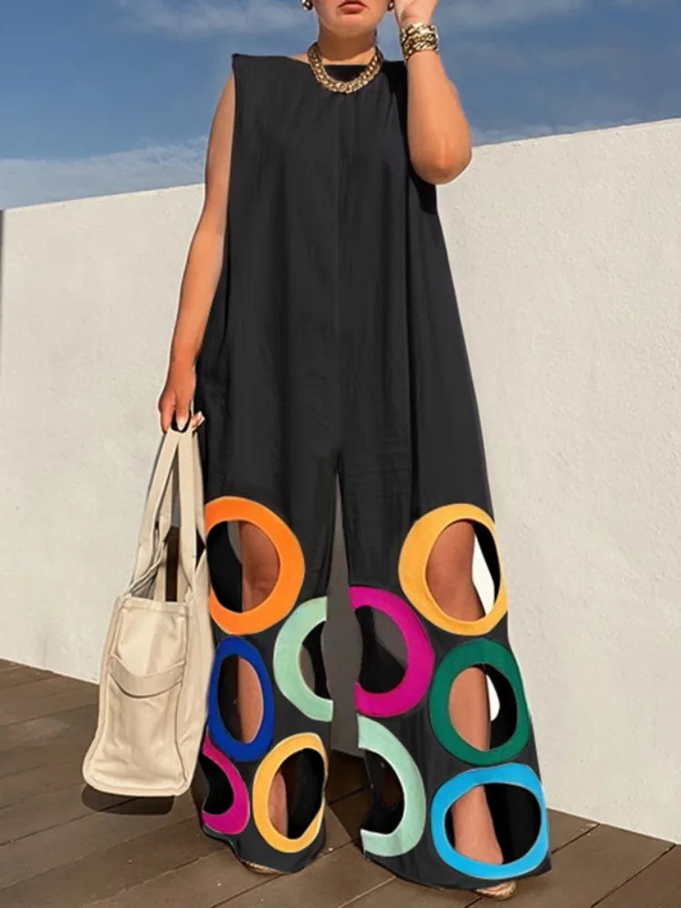 Yeezzi Women Fashion Rainbow Hollow Wide Leg Jumpsuits 2025 New Summer Sleeveless Loose Urban Office Overalls With Shoulder Pad