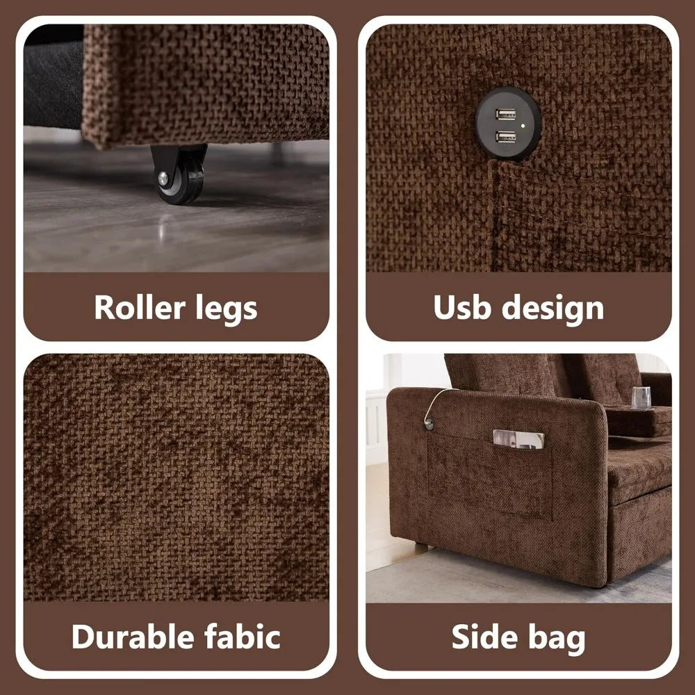 Fabric Upholstery Convertible Sofa Bed With Pull-Out Sleeper, Cup Holders And USB Ports — Brown | KIMLUD