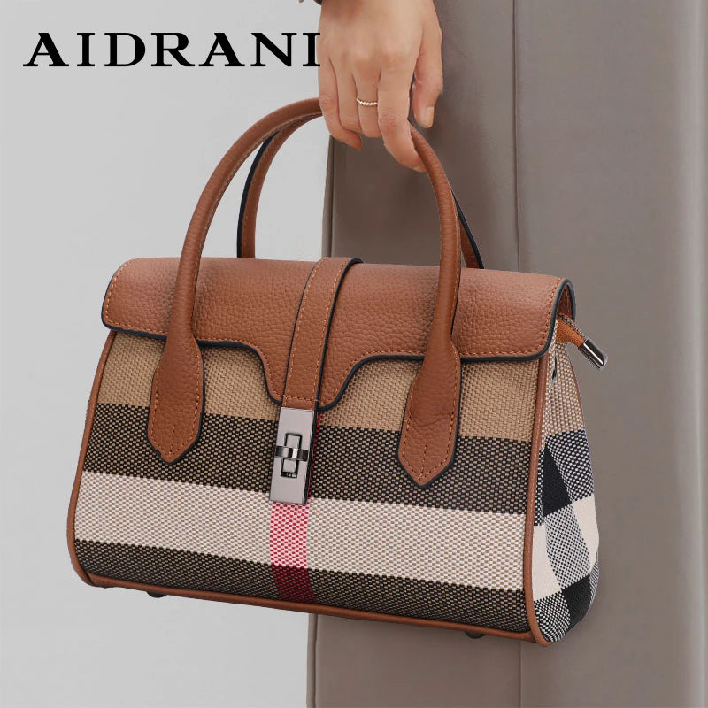 Canvas Patchwork Plaid Shoulder Bag Large Capacity — Tan | KIMLUD