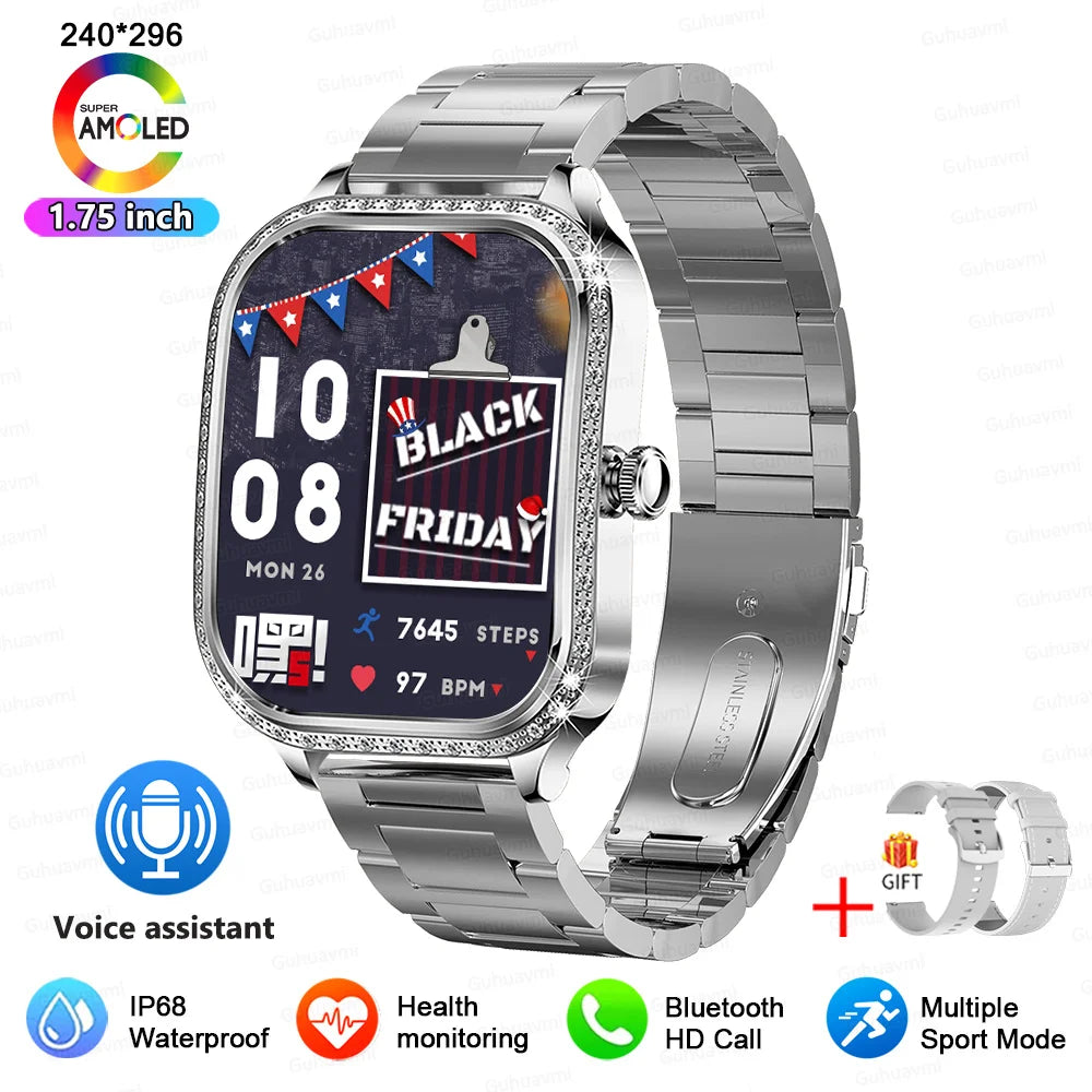 KIMLUD, 2025 New Lady Smart Watch Women AMOLED Curved Screen IP68 Waterproof Health Call Smartwatch For Samsung Huawei Apple Watch 4 ios, Silver Steel 2A / samrt watch, KIMLUD APPAREL - Womens Clothes