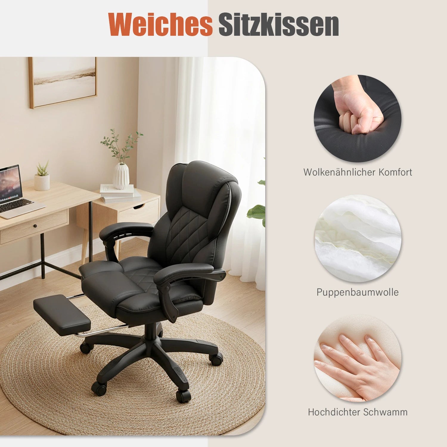 Office Chair - 150Kg Capacity - PU Leather - Black/White | KIMLUD