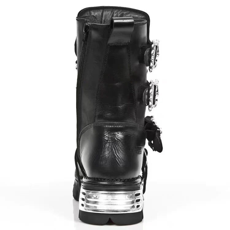 Genuine Leather Motorcycle Boots Goth Skull Embellishment With Metal Hardware — Black | KIMLUD