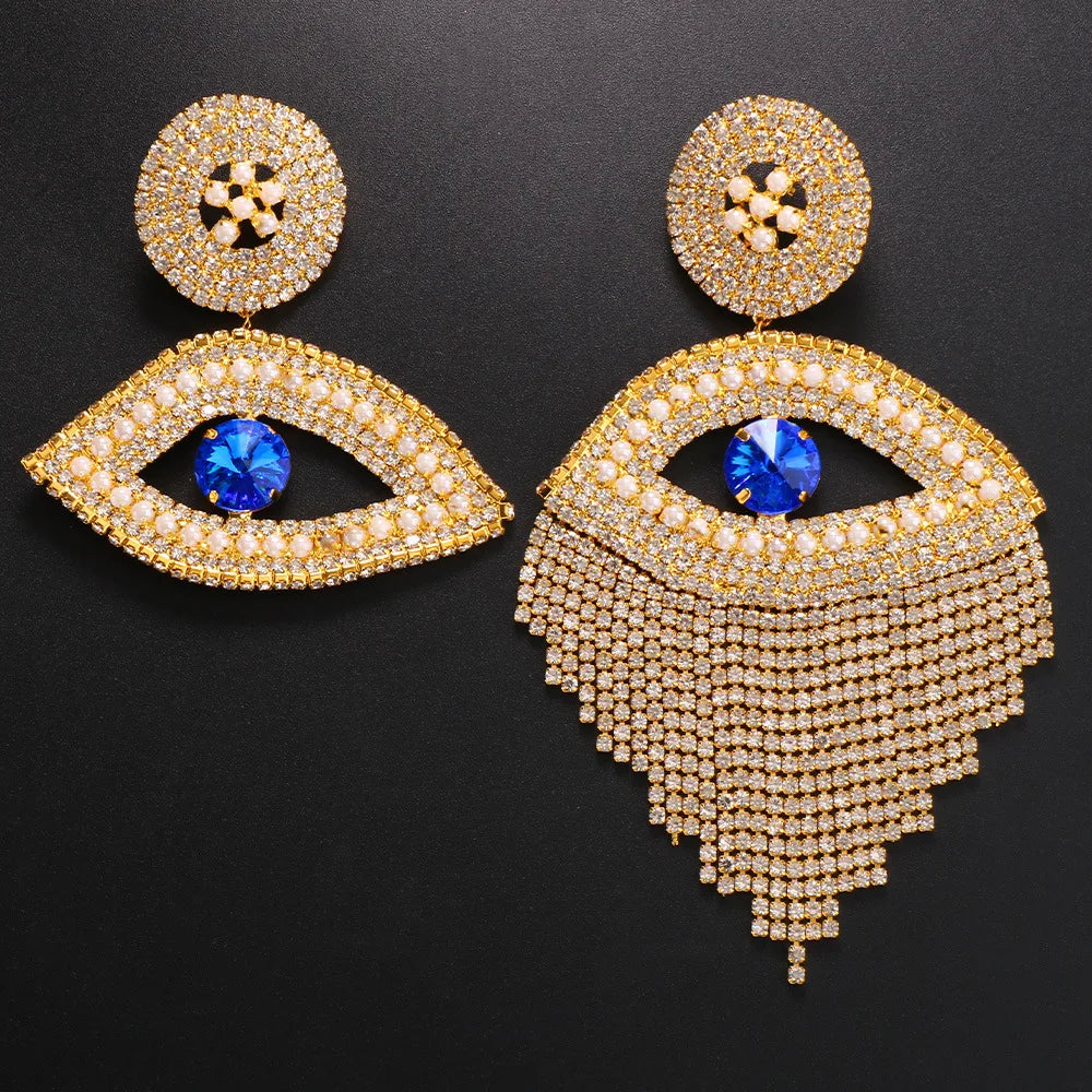Exaggerated Eye Earrings Rhinestone Tassel — Blue | KIMLUD