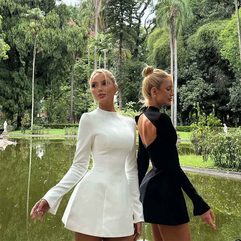 Backless Knit Dress Sculpted Seams — White | KIMLUD